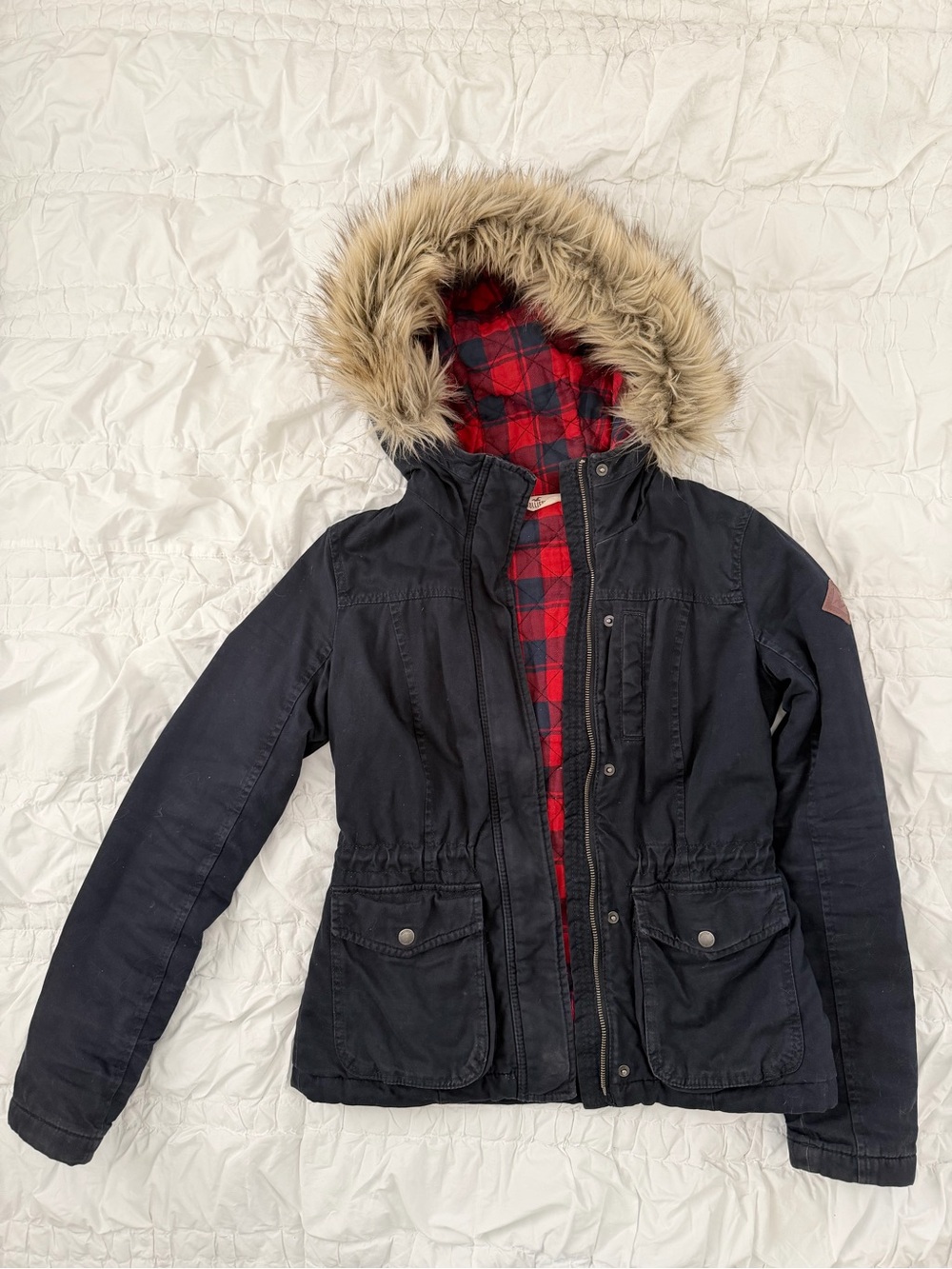 Kid’s Navy Hooded Parka Jacket with Faux Fur Trim XS